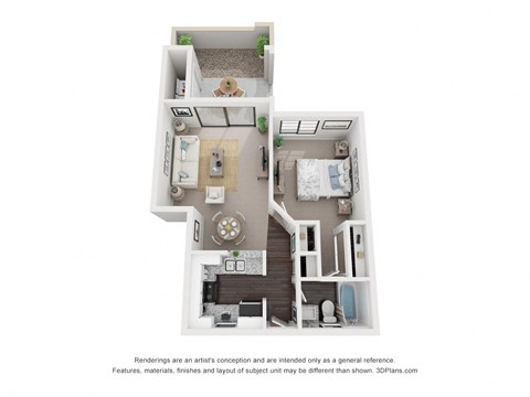 Floor plan for 1 bed, 1 bath, 670 sqft